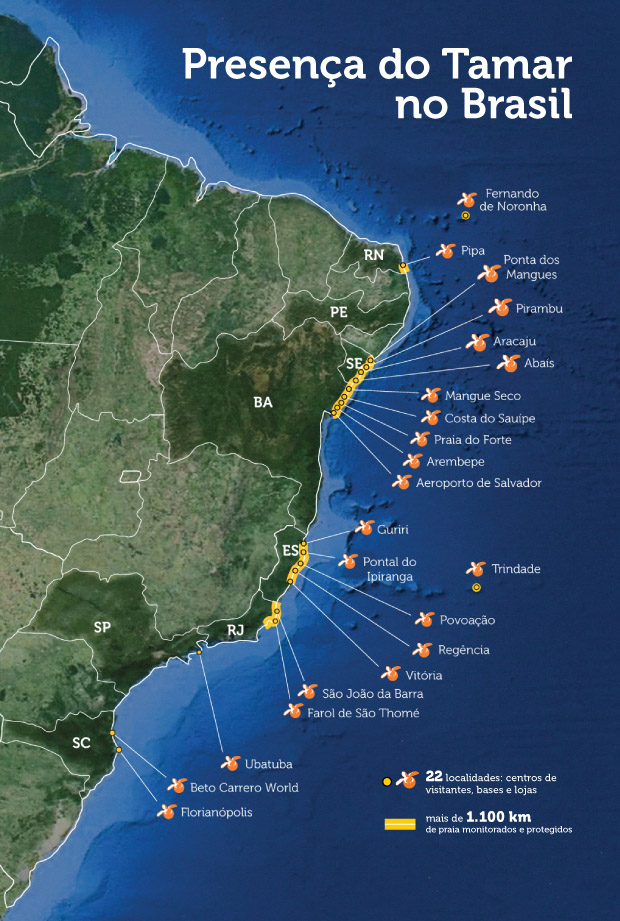 Mapa das bases do Projeto Tamar